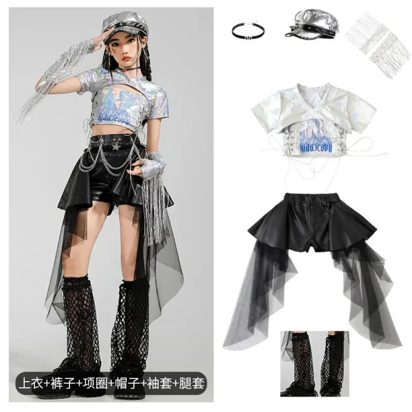 Holographic Cut-Out Crop Top + Asymmetrical Mesh Skirt Set with Fishnet Leg Warmers and Metallic Cap - 1