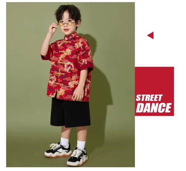 Traditional Chinese Dragon Print Hanfu-Style Set Red + Black Shorts + Folding Fan - 16