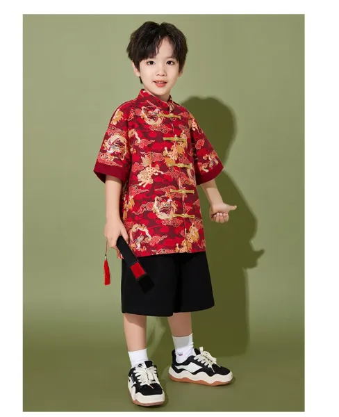 Traditional Chinese Dragon Print Hanfu-Style Set Red + Black Shorts + Folding Fan - 17