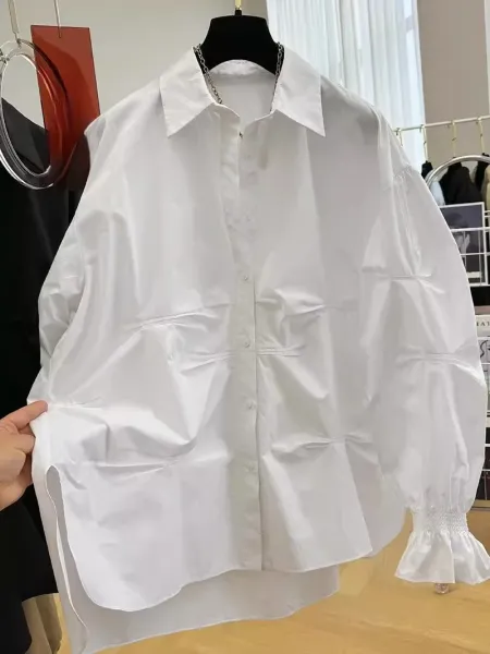 Oversized Puff-Sleeve Shirt White Shirt - 7