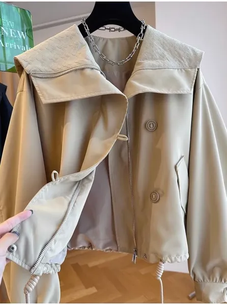 Design Oversized Collar Windbreaker Beige Outerwear - 8