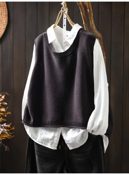 Knit Button-Front Vest Top in Black with Gold Buttons - 25