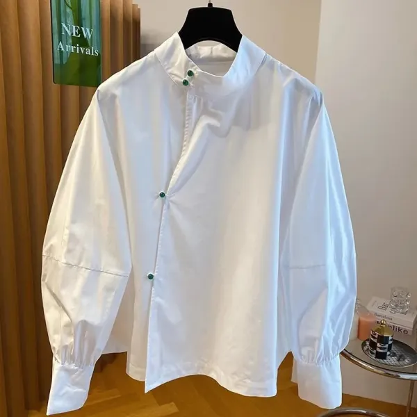 White Mandarin Collar Shirt with Green Buttons - 1
