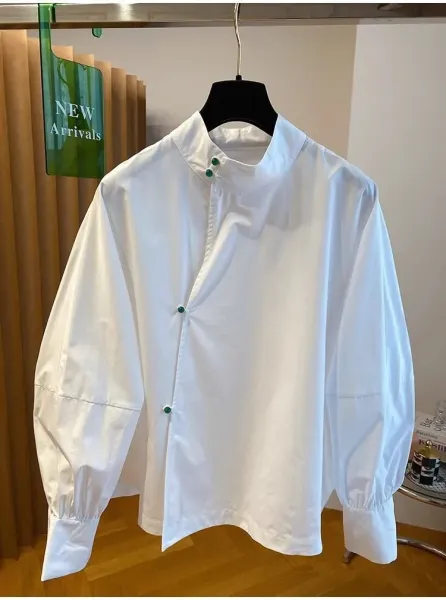 White Mandarin Collar Shirt with Green Buttons - 3