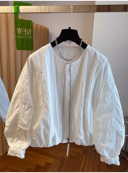 Design Oversized Puff-Sleeve Cropped Windbreaker Light Gray Outerwear - 7