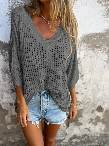 Gray Open-Knit V-Neck Sweater Top with Cropped Denim Shorts - 1