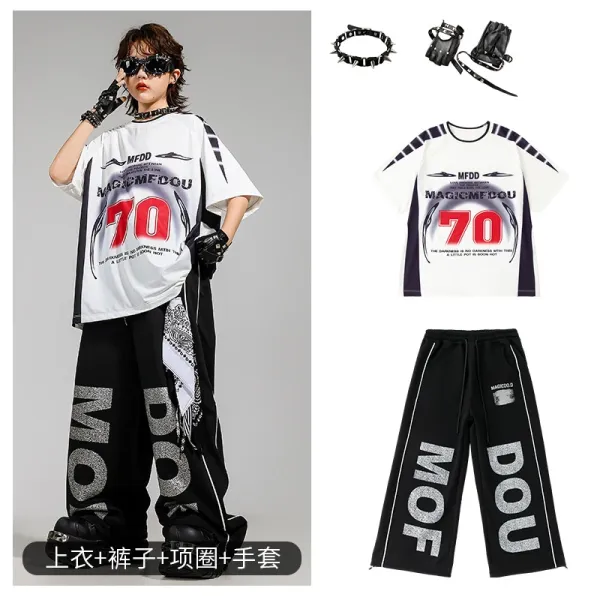 MFDD Magicmfcou 70 Graphic Oversized T-Shirt + Wide-Leg Sweatpants + Spiked Choker & Gloves Set - 1