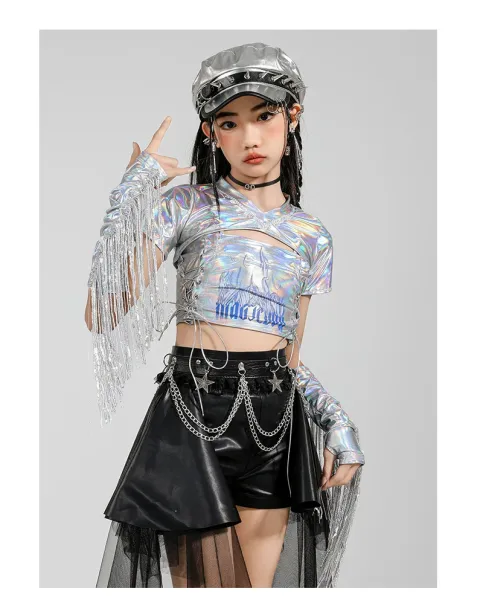 Custom Streetwear Set: Holographic Crop Top + Asymmetrical Tulle Shorts + Chain Waist Belt + Mesh Leg Warmers + Metallic Cap - 13