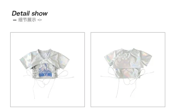 Custom Streetwear Set: Holographic Crop Top + Asymmetrical Tulle Shorts + Chain Waist Belt + Mesh Leg Warmers + Metallic Cap - 15