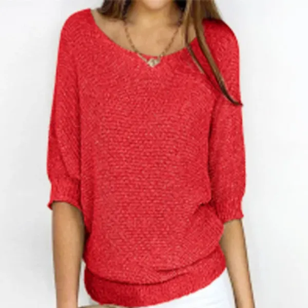 Red Textured Knit V-Neck Sweater - 1