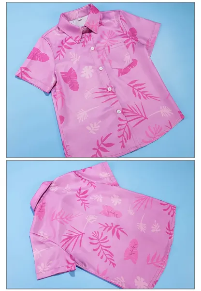 Hawaiian-Style Summer Set: Pink Floral Shirt, White Trousers, Floral Tie, Blue Bucket Hat - 15