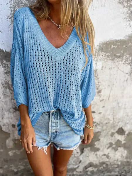 Light Blue Open-Knit V-Neck Sweater Top - 1