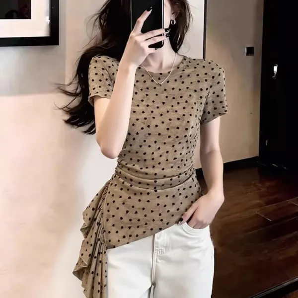 Polka Dot Ruched Asymmetrical Hem T-Shirt Beige with Black Dots - 1