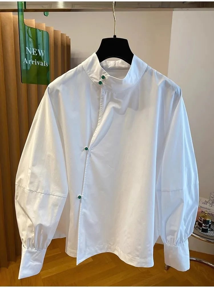 White Mandarin Collar Shirt with Green Buttons - 8