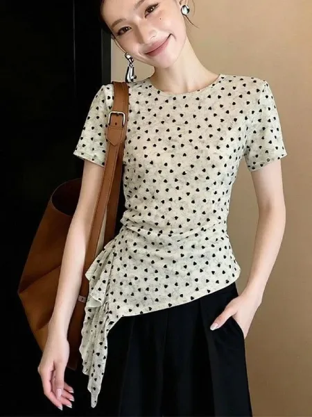 Polka Dot Ruched Asymmetrical Hem T-Shirt Beige with Black Dots - 4