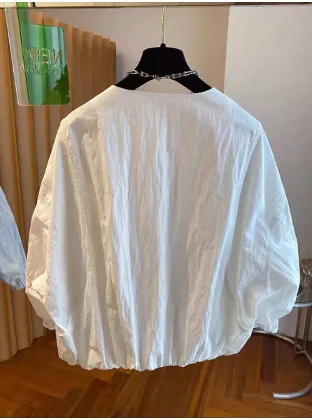 Design Oversized Puff-Sleeve Cropped Windbreaker Light Gray Outerwear - 10