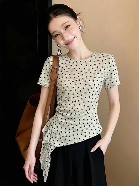 Polka Dot Ruched Asymmetrical Hem T-Shirt Beige with Black Dots - 11
