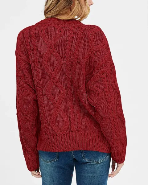 Cable Knit Oversized Sweater in Burgundy - 28