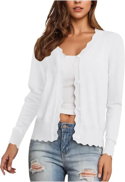 Scalloped Hem V-Neck Cardigan in Burgundy - 8