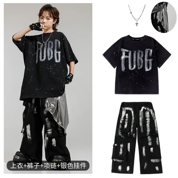 FUBG Graphic Print Oversized T-Shirt and Cargo Pants Set Black Multicolor - 1