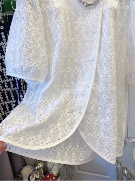 DHR Eyelet Lace Square-Neck Blouse White Top - 11