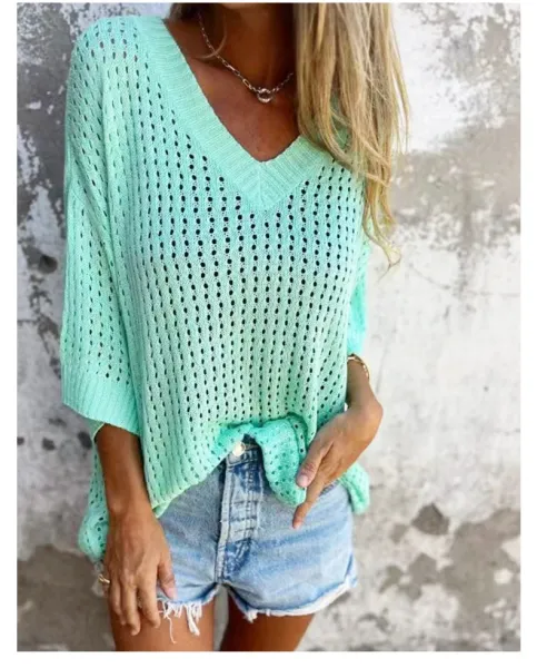 Yellow Open-Knit V-Neck Oversized Sweater Top - 13