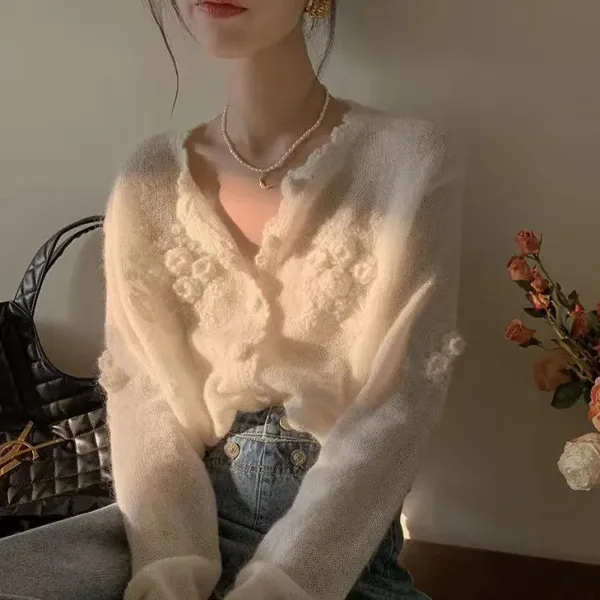 Elegant Floral Embroidered Sheer Knit Cardigan in Ivory - 3