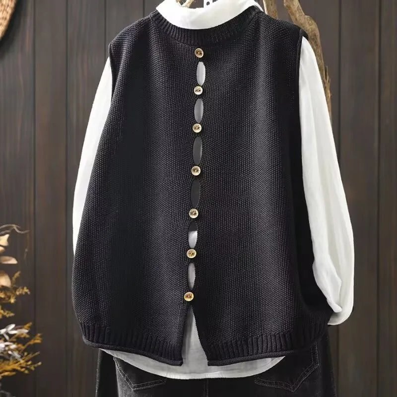 Knit Button-Front Vest Top in Black with Gold Buttons - 1