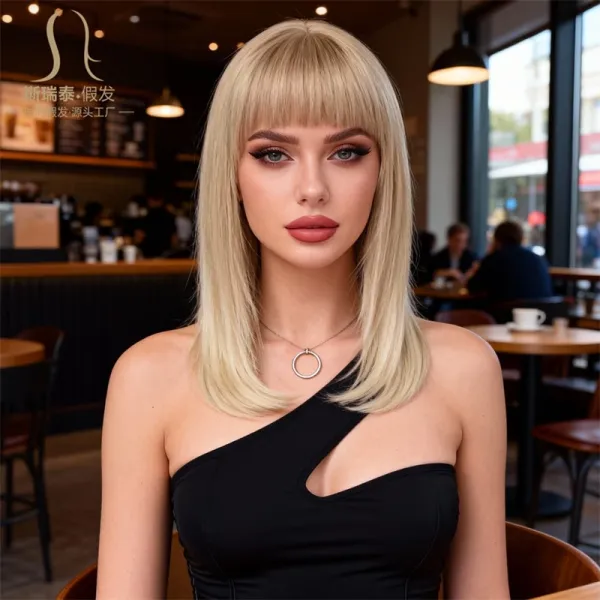 Siretai Synthetic Bob Wig with Bangs in Ash Blonde Hairpiece - 14