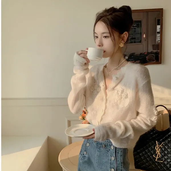 Elegant Floral Embroidered Sheer Knit Cardigan in Ivory - 6
