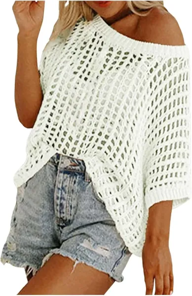 Brown Open-Knit Off-Shoulder Sweater - 15