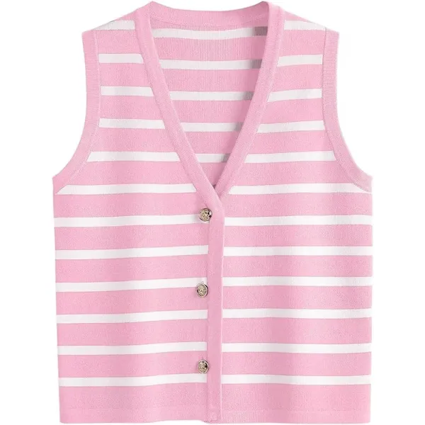 Striped Knit Vest Top in Pink and White - 1