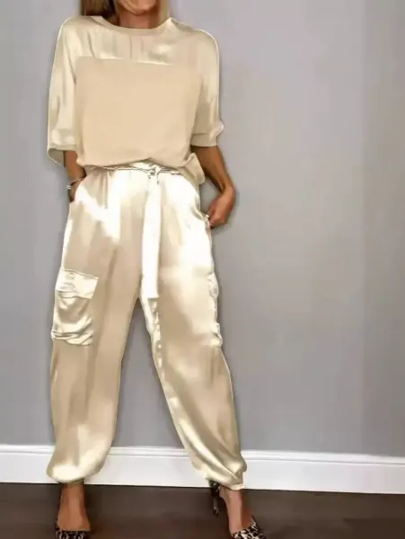 Silk Satin Cargo Pants Set in Beige with Leopard-Print Heels - 1