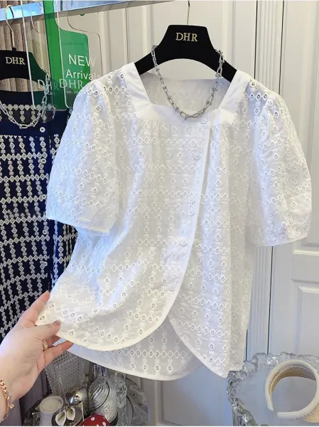 DHR Eyelet Lace Square-Neck Blouse White Top - 8