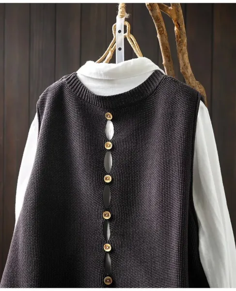 Knit Button-Front Vest Top in Black with Gold Buttons - 28