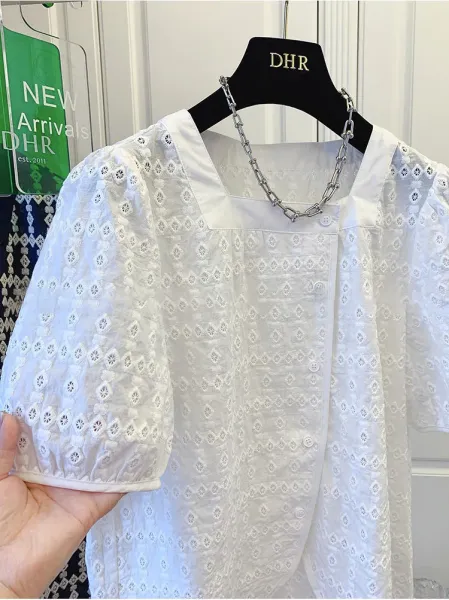 DHR Eyelet Lace Square-Neck Blouse White Top - 10