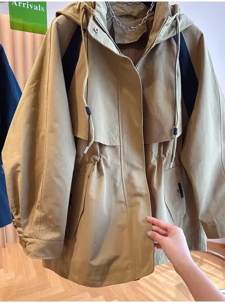 Design Utility Hooded Windbreaker Beige with Navy Panels Outerwear - 6