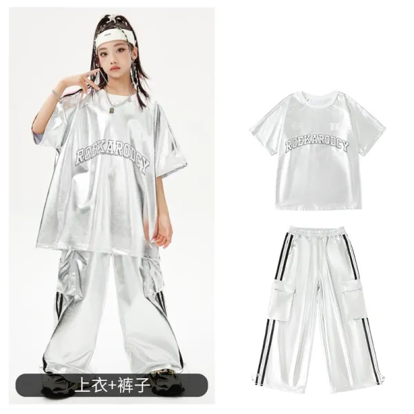 ROEKARODGY Metallic Silver Streetwear Set: Oversized T-Shirt + Cargo Pants - 1