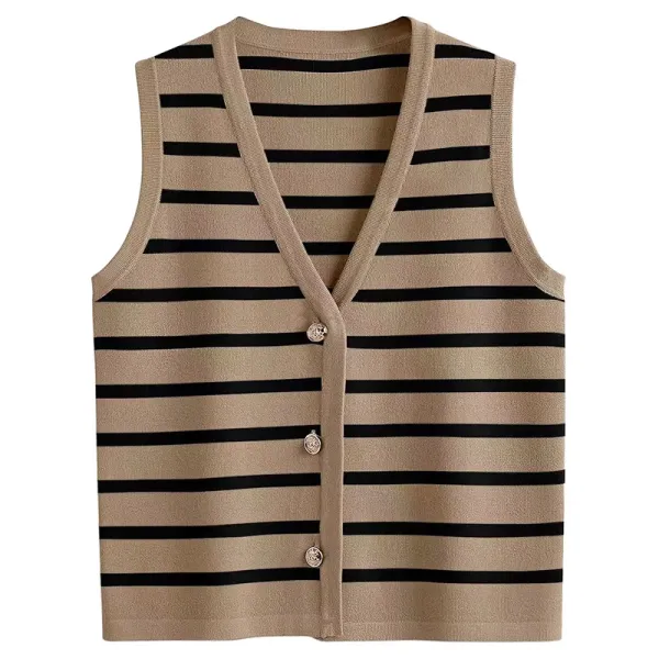 Striped Knit Vest Beige and Black Vest - 1