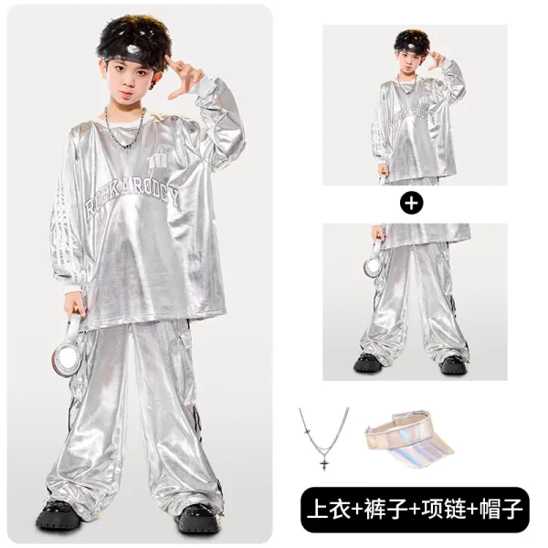 Rockarooly Metallic Silver Oversized Hoodie and Pants Set with Visor Cap and Cross Necklace - 1