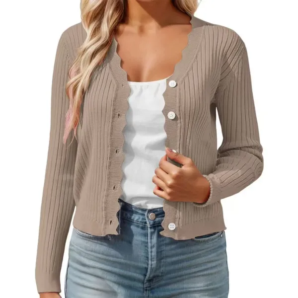 Ribbed Scalloped Hem Cardigan Beige Outerwear - 1