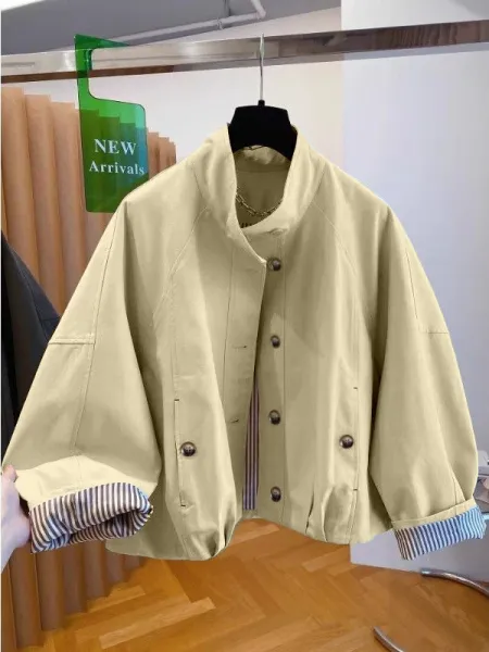 Design Oversized Cropped Jacket in Beige with Striped Cuff Detail Outerwear - 1