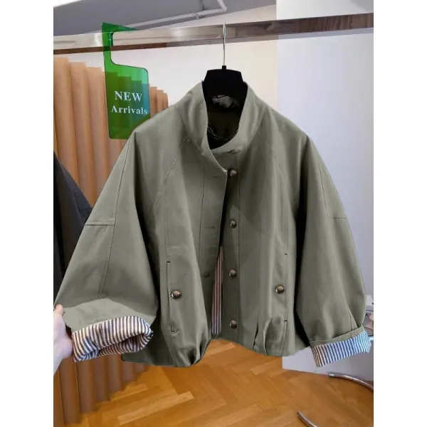 Design Oversized Cropped Jacket in Beige with Striped Cuff Detail Outerwear - 4