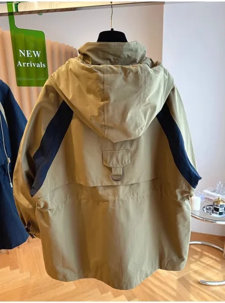 Design Utility Hooded Windbreaker Beige with Navy Panels Outerwear - 9
