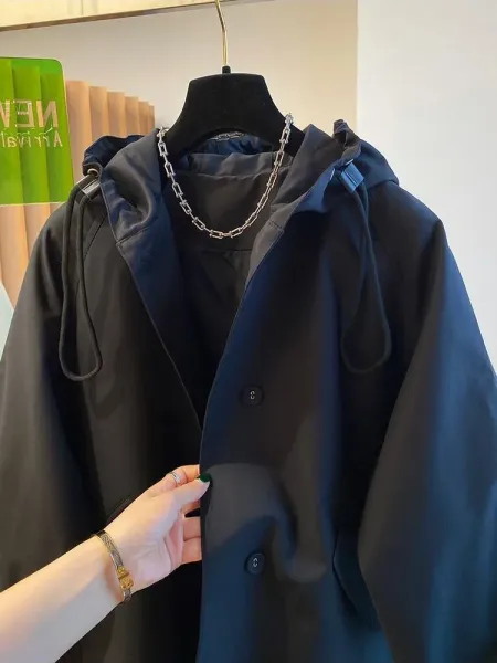 Design Oversized Hooded Trench Coat Navy - 16
