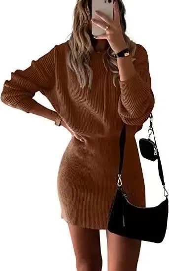 Ribbed Knit Mini Dress in Camel Brown - 1