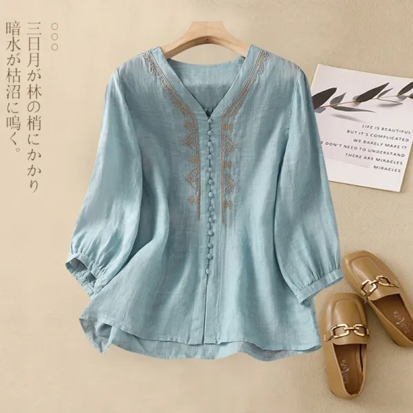 Embroidered Linen V-Neck Blouse in Sky Blue Shirt - 1