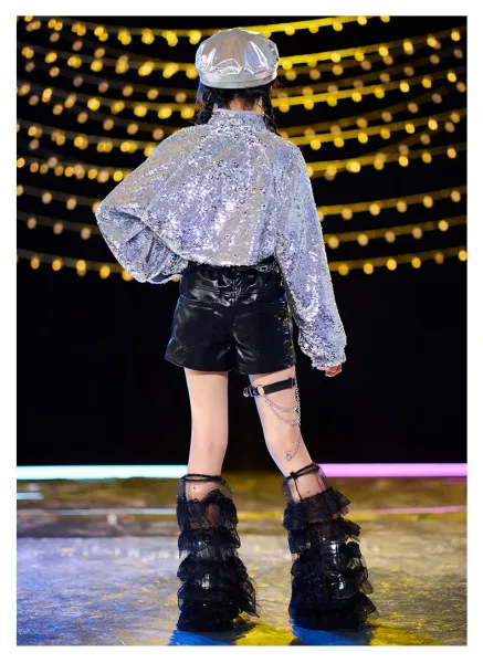 Design Sequined Oversized Jacket Silver + Black Graphic T-Shirt + Glossy PVC Pants + Chain-Embellished Cap + Cross Pendant Necklace Set - 14