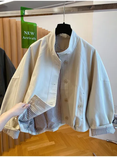 Design Oversized Cropped Jacket in Beige with Striped Cuff Detail Outerwear - 13