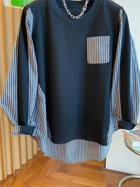 Oversized Layered Knit Top with Striped Sleeve and Pocket in Olive Brown - 14